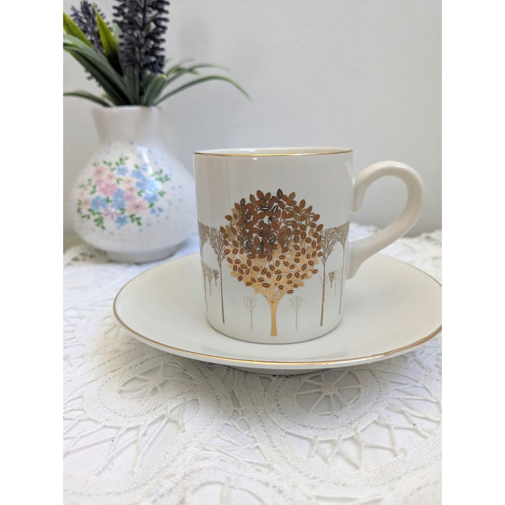 Vintage Otagiri Japan Cup and Saucer Set, Gold Tree Pattern Mug, Minimalist
